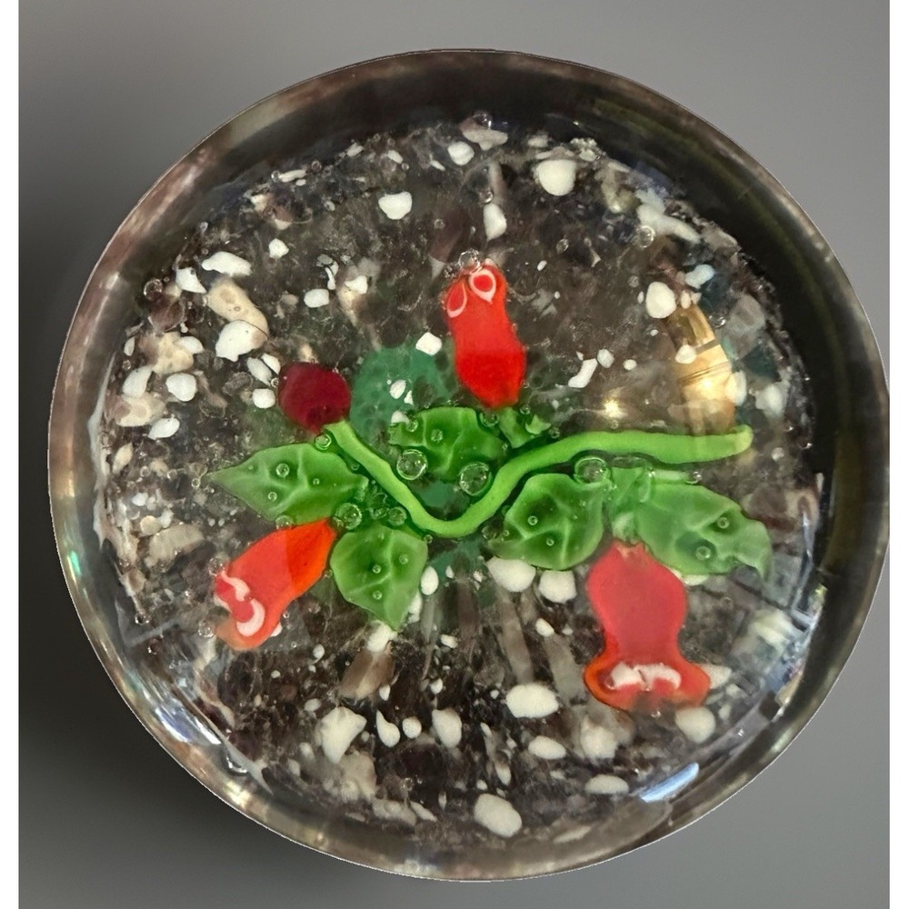 Vintage Art Glass Paperweight Orb Red Roses Tulips In Snow Green Stem Handblown